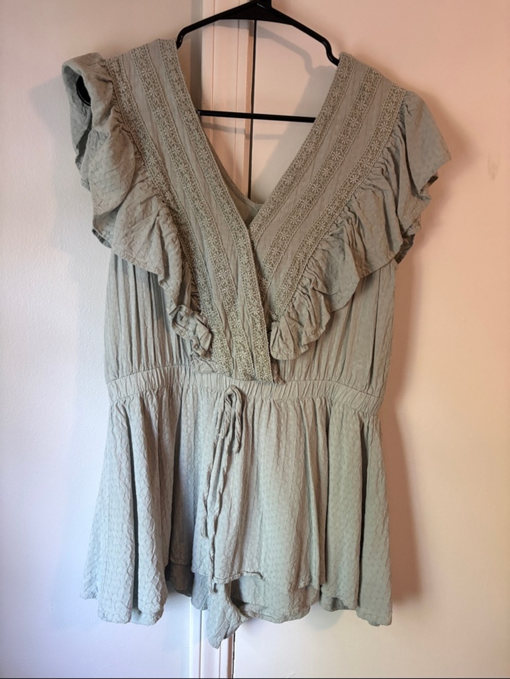 Women's Sage Green Ruffled V-Neck Romper